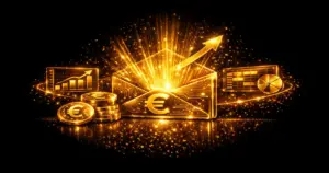 Mit KI-Tools Geld verdienen - Goldene Muenzen und KI-Symbole