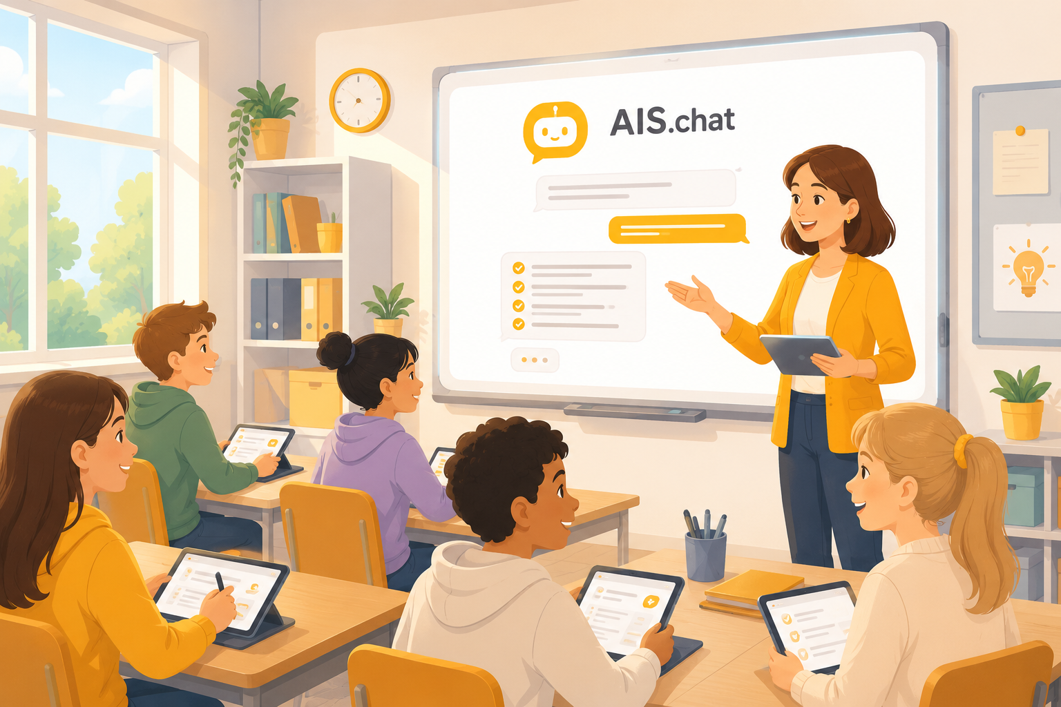 AIS.chat - Kostenlose KI fuer deutsche Schulen: Lehrerin zeigt Schuelern die KI-Plattform auf einem Whiteboard