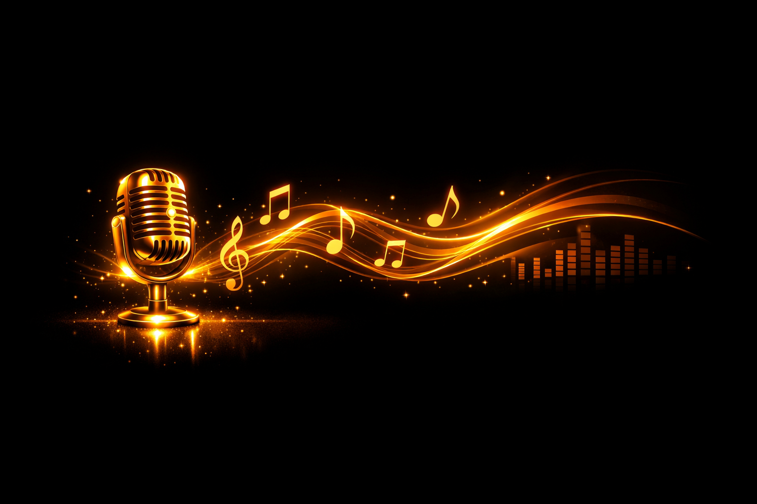 KI-Musik erstellen - goldenes Mikrofon mit Noten und Soundwellen auf dunklem Hintergrund