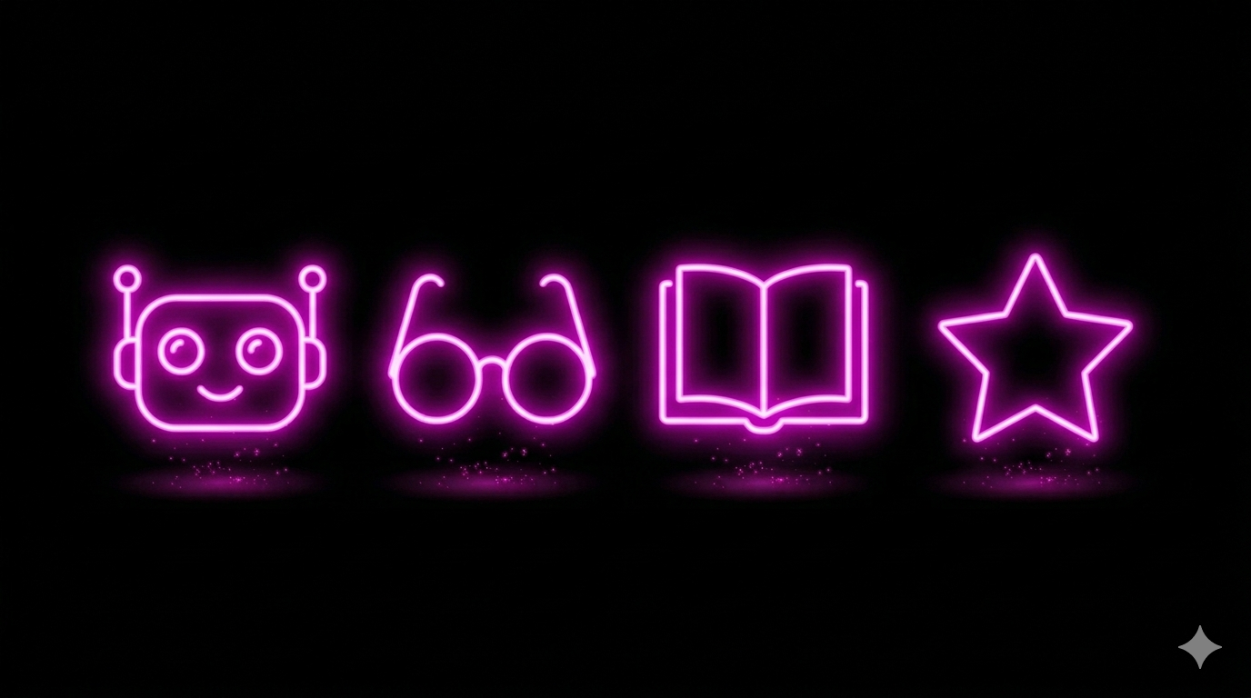 KI fuer Senioren Rentner Hub Neon Icons Roboter Brille Buch Stern Pink