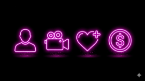 KI Influencer erstellen Geld verdienen Neon Icons Avatar Kamera Herz Dollar Pink