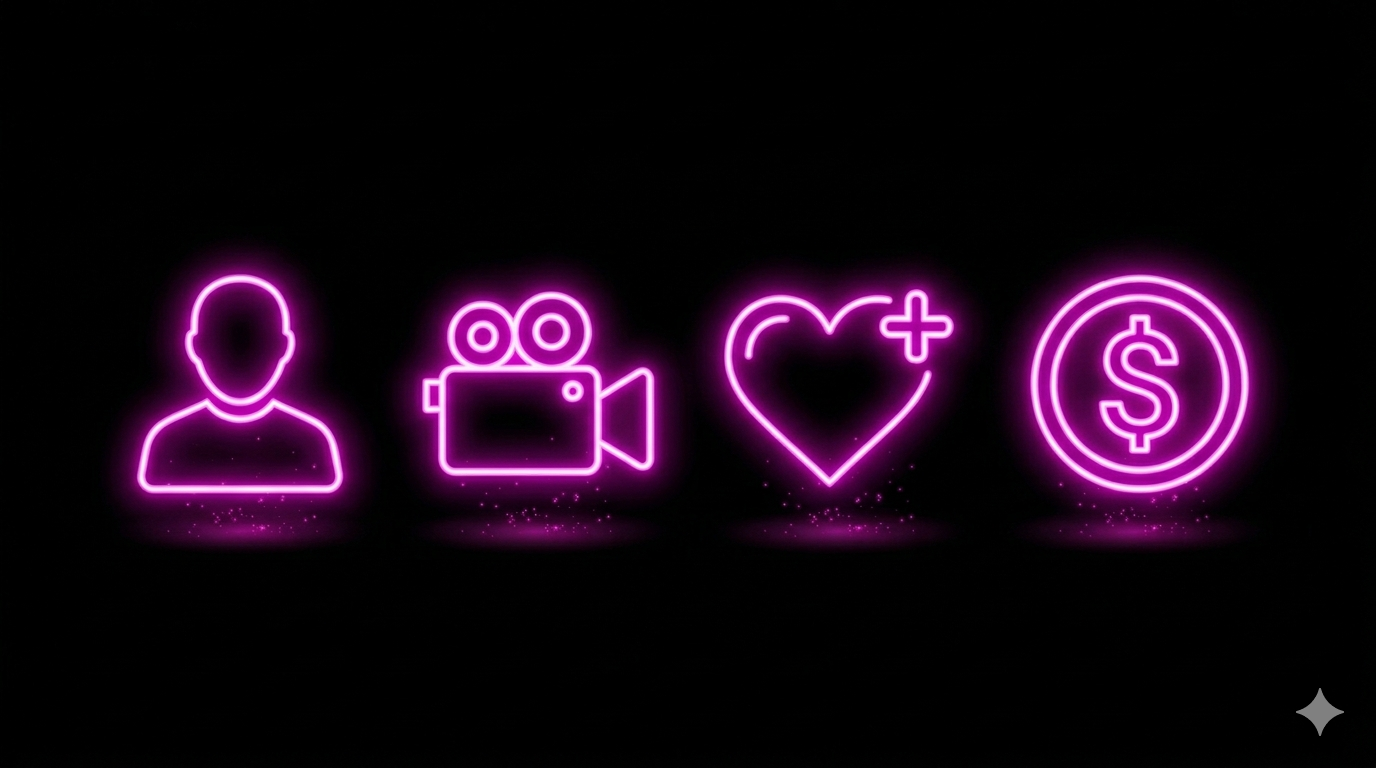 KI Influencer erstellen Geld verdienen Neon Icons Avatar Kamera Herz Dollar Pink