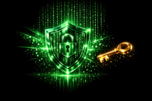 KI Internet-Sicherheit Schutzschild mit Schloss und Schluessel in Gruen-Neon auf schwarzem Hintergrund