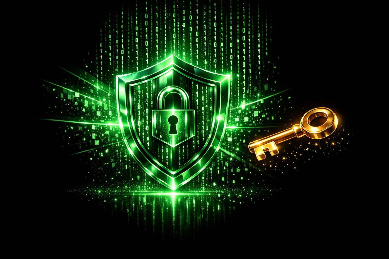 KI Internet-Sicherheit Schutzschild mit Schloss und Schluessel in Gruen-Neon auf schwarzem Hintergrund