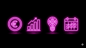 KI Nebenverdienst Rentner Neon Icons Euro Balkendiagramm KI-Gluehbirne Kalender Pink