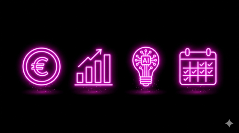 KI Nebenverdienst Rentner Neon Icons Euro Balkendiagramm KI-Gluehbirne Kalender Pink