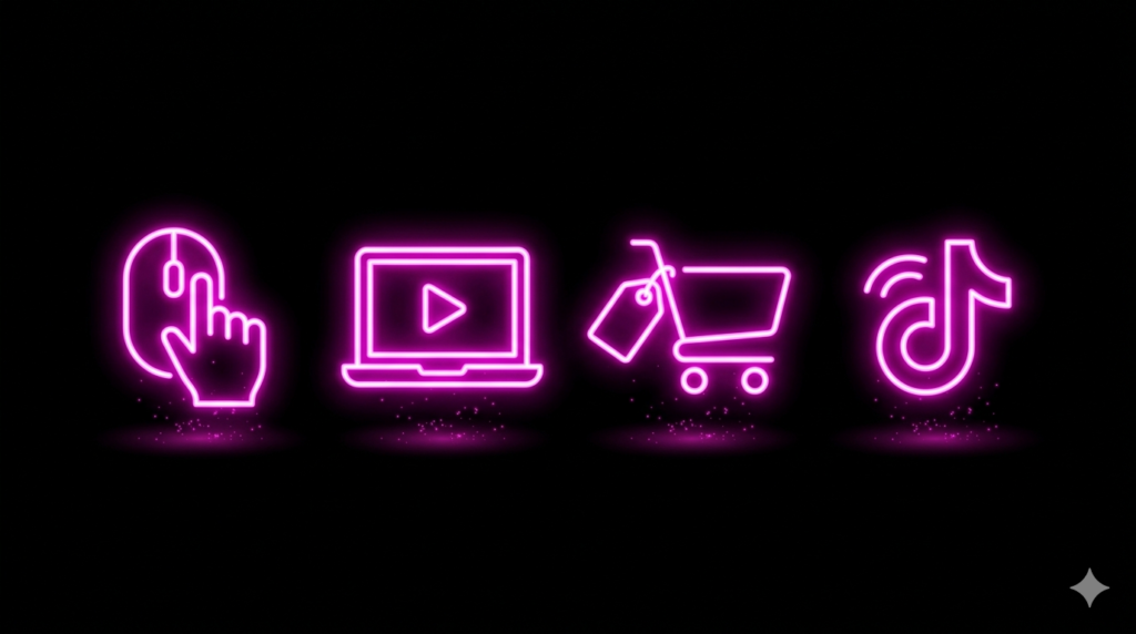 KI Nebenverdienst Rentner Klick fuer Klick Neon Icons Maus Laptop Warenkorb TikTok Pink