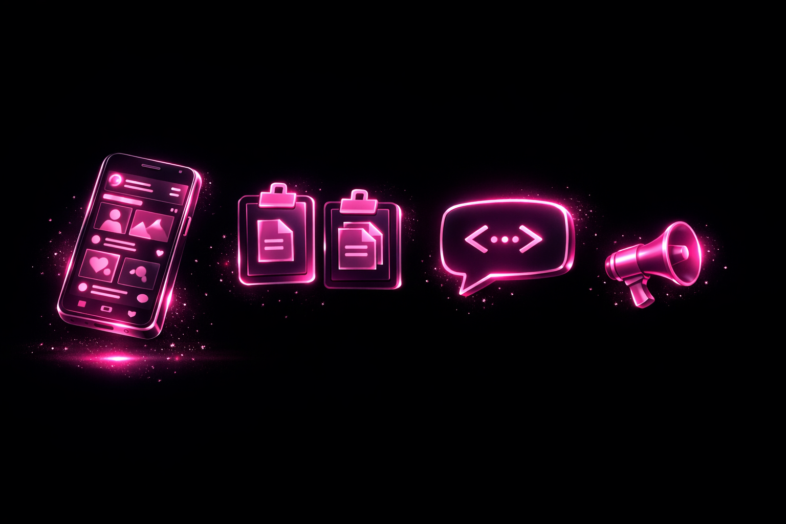 KI-Prompts fuer Rentner-Influencer Smartphone Clipboard Chat-Bubble Megaphone Pink-Neon