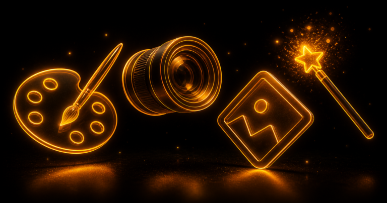 Kostenlose KI-Bildgeneratoren 2026 Palette Kamera Bilderrahmen Zauberstab in Gold-Neon auf schwarzem Hintergrund