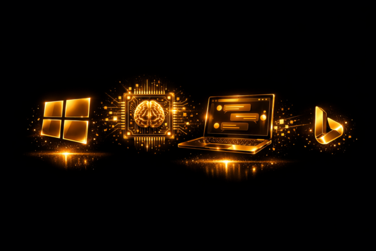 Microsoft Copilot Test 2026 Windows-Logo KI-Chip Laptop Bing-Icon in Gold-Neon auf schwarzem Hintergrund