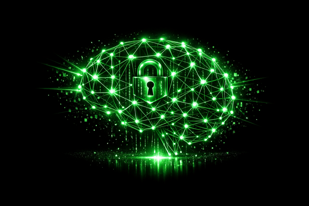 Obsidian KI zweites Gehirn Netzwerk-Gehirn mit Schloss in Gruen-Neon auf schwarzem Hintergrund