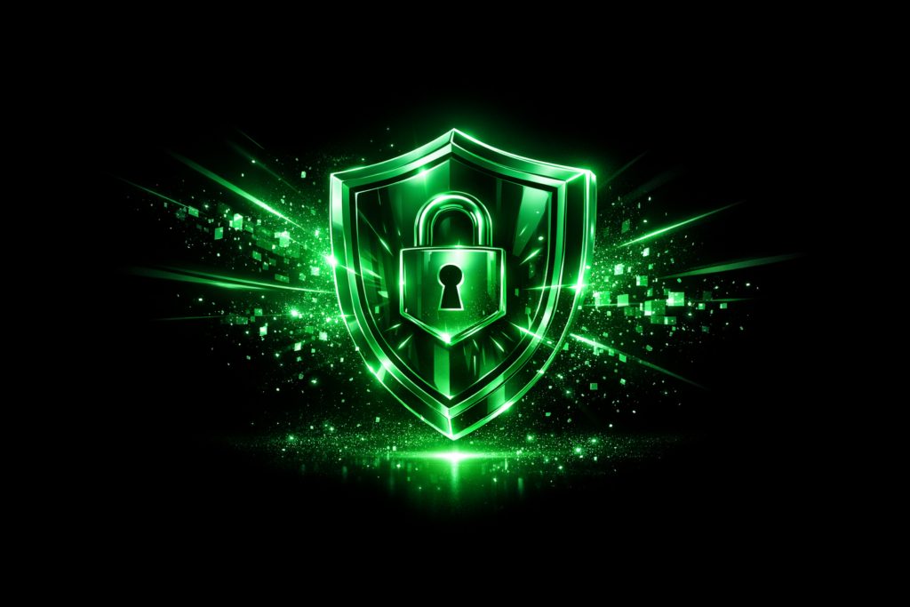 OpenClaw Sicherheit Datenschutz Schutzschild mit Schloss in Gruen-Neon auf schwarzem Hintergrund
