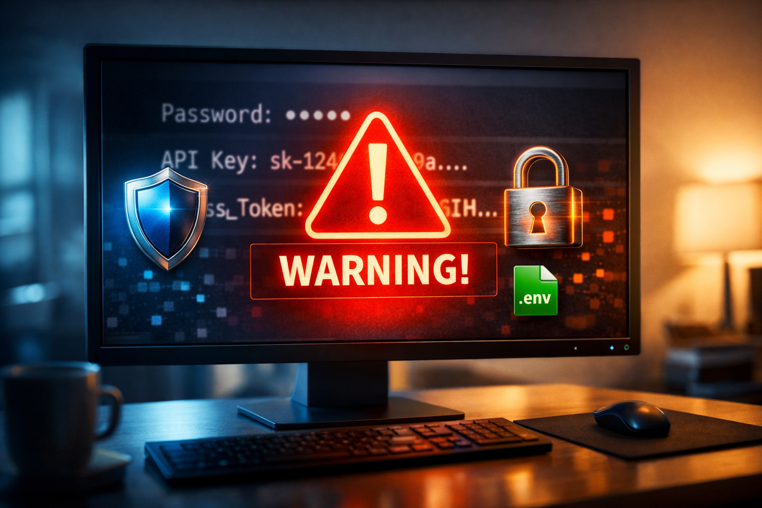 Passwoerter und API-Keys Sicherheit - Warning-Symbol mit .env-Datei, Schloss und Shield