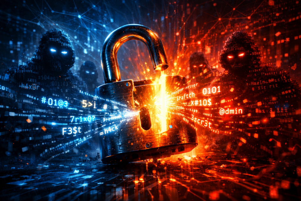 Prompt Injections KI Sicherheit - offenes Schloss mit Leetspeak Code und Hacker-Silhouetten