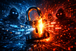 Prompt Injections KI Sicherheit - offenes Schloss mit Leetspeak Code und Hacker-Silhouetten