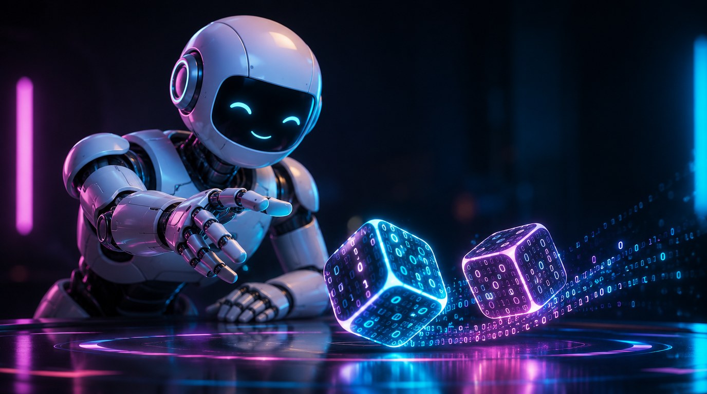 Freundlicher Roboter würfelt mit leuchtenden Binärcode-Würfeln als Symbol für Zufallszahlen in der KI