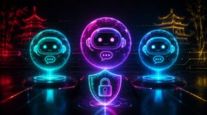 Drei leuchtende KI-Chatbots als Neon-Hologramme mit Schutzschild und Schloss – Symbol für chinesische KI-Modelle (DeepSeek, Qwen, Kimi) und Datensicherheit