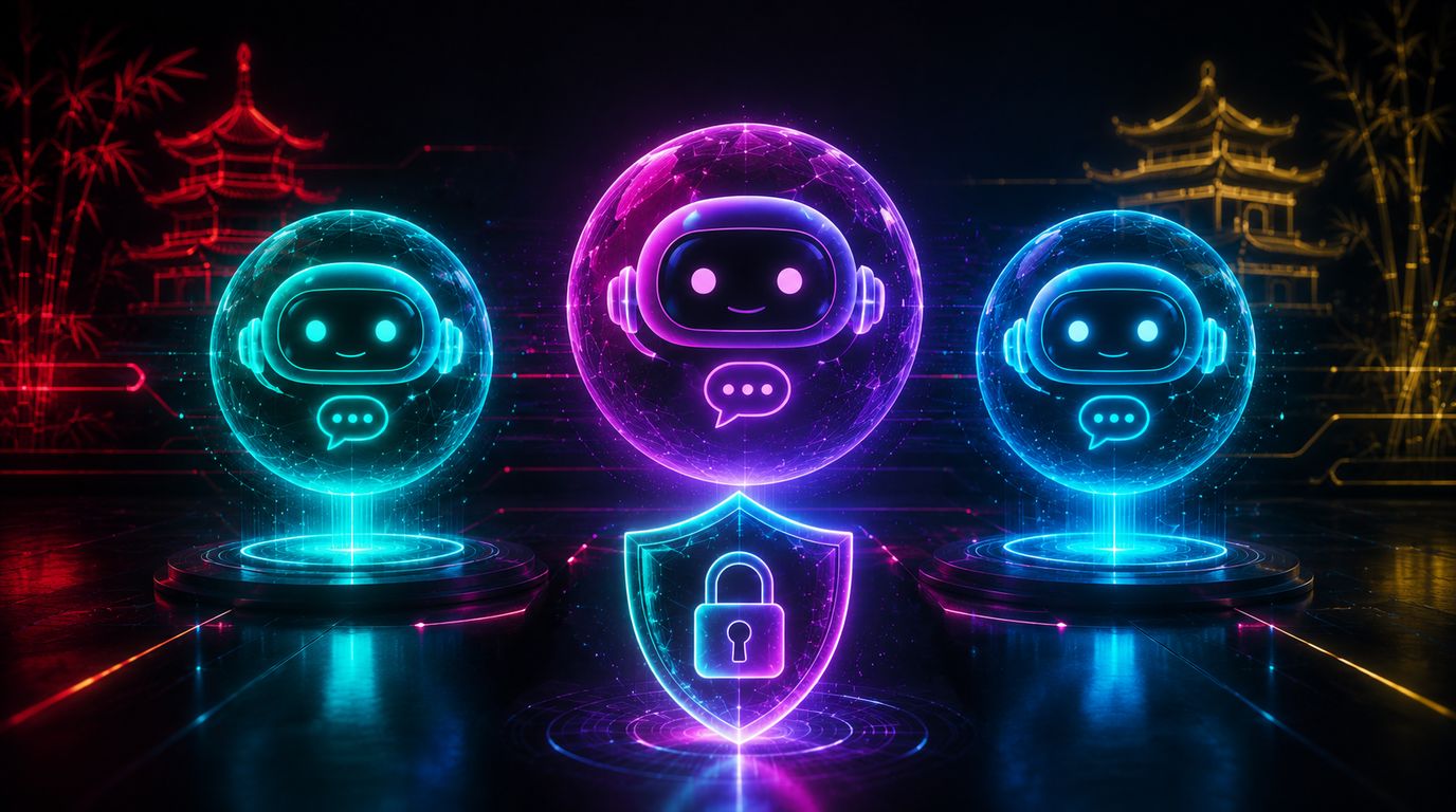 Drei leuchtende KI-Chatbots als Neon-Hologramme mit Schutzschild und Schloss – Symbol für chinesische KI-Modelle (DeepSeek, Qwen, Kimi) und Datensicherheit