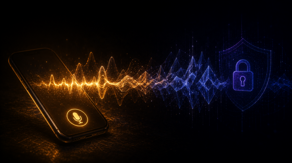 KI-Stimmen-Betrug Enkeltrick 2.0: Smartphone mit geklonter Stimme, Soundwave und Schutzschild mit Schloss