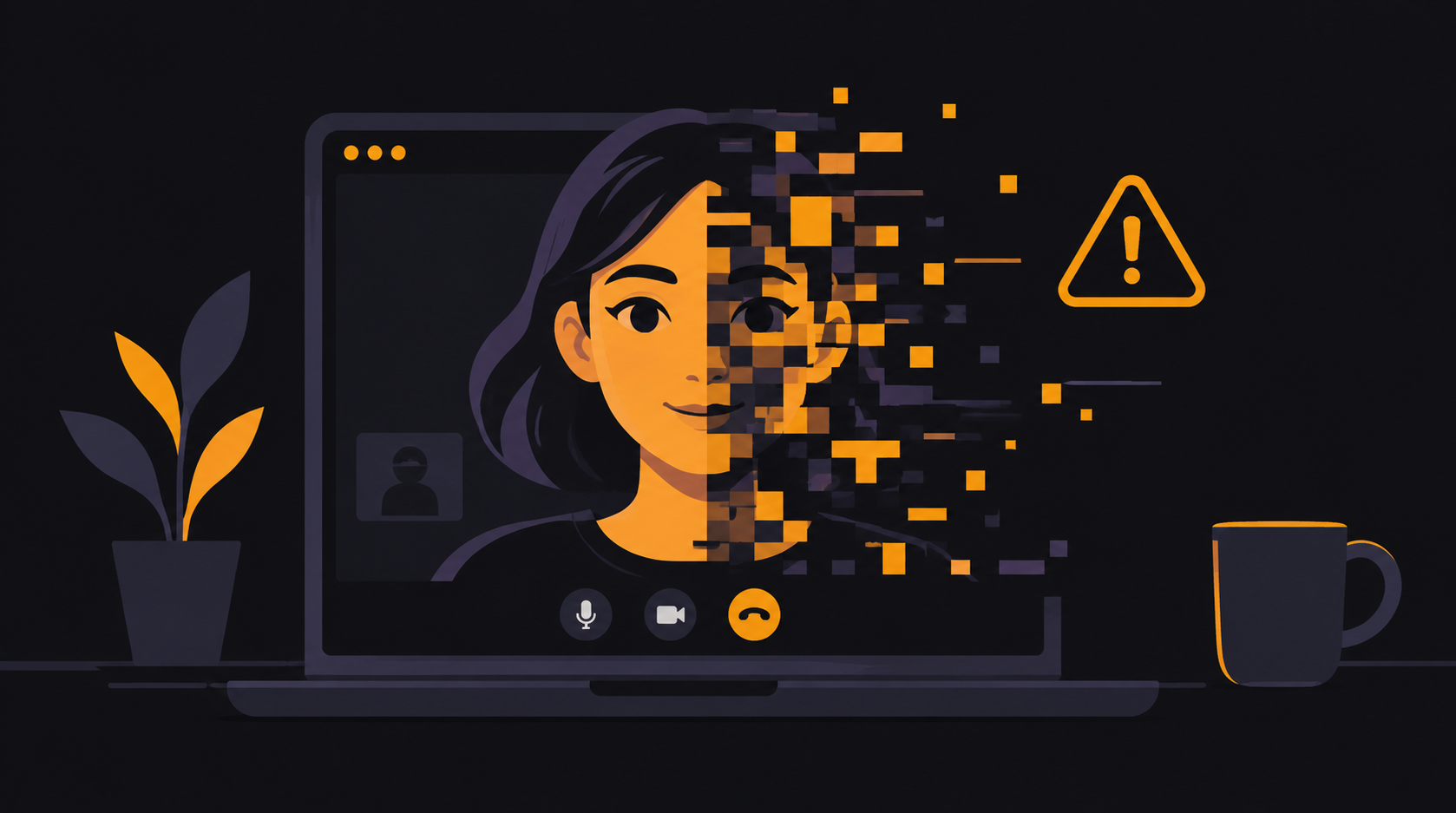 Deepfake erkennen: Gesicht in einem Videoanruf zerfaellt in Pixel, Warnsymbol