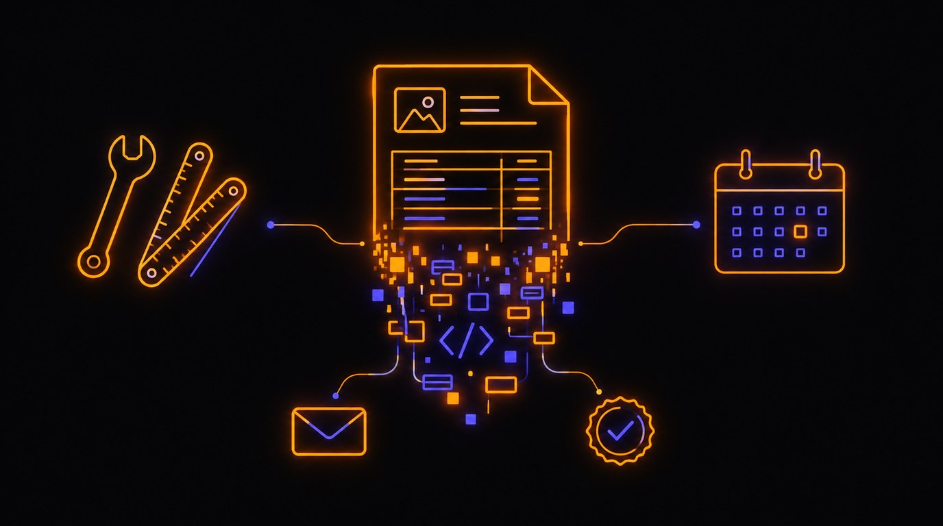 Neon-Illustration: Rechnung verwandelt sich in strukturierte E-Rechnungs-Daten, daneben Werkzeug und Kalender
