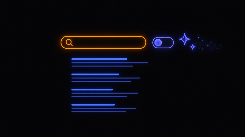 Neon-Suchleiste mit ausgeschaltetem KI-Schalter und klassischen Suchergebnis-Links
