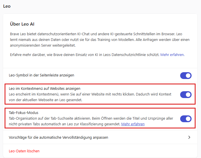 Brave Leo-Einstellungen: Kontextmenü und Tab-Fokus-Modus