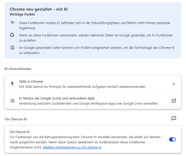 Chrome-Einstellungen KI-Innovationen: Skills in Chrome, KI-Modus der Google Suche und On-Device-KI