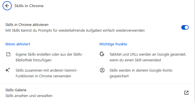 Chrome-Einstellungen Skills in Chrome: Tabtitel und URLs werden an Google gesendet