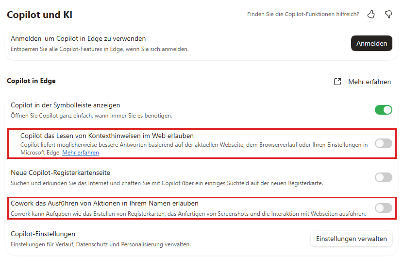 Edge-Einstellungen Copilot und KI: Kontexthinweise und Cowork-Aktionen ausgeschaltet