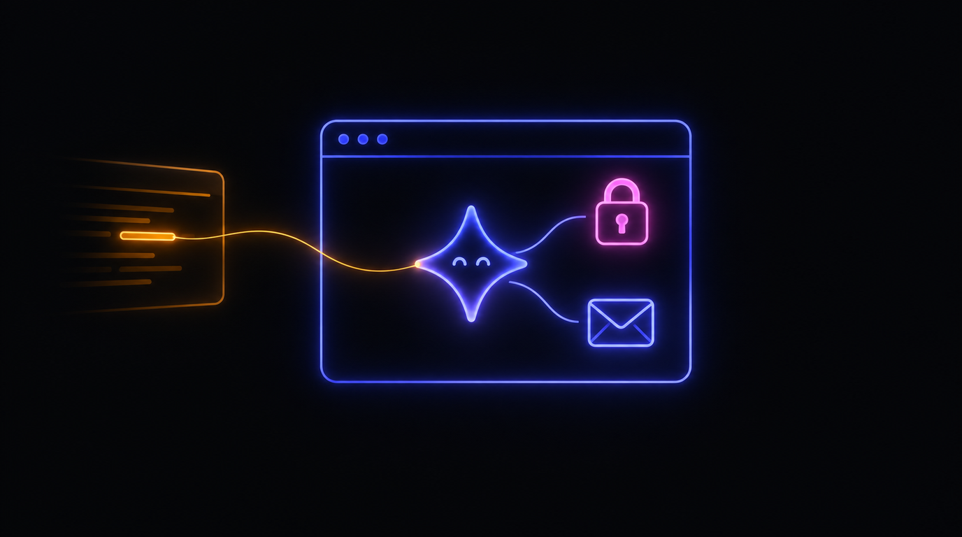 Browserfenster mit KI-Symbol, an dem ein versteckter Lichtfaden zieht – Symbolbild für die Gefahren von KI-Browsern